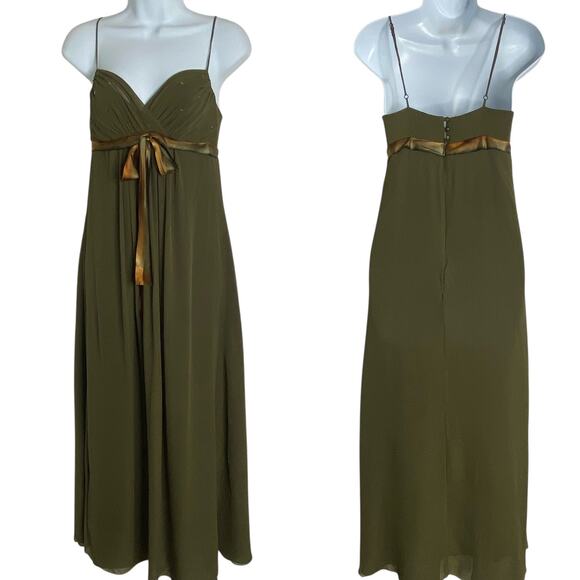 VTG Betsey Johnson Crystal Olive Green Silk Dress Maxi Gown 2 - Picture 1 of 10